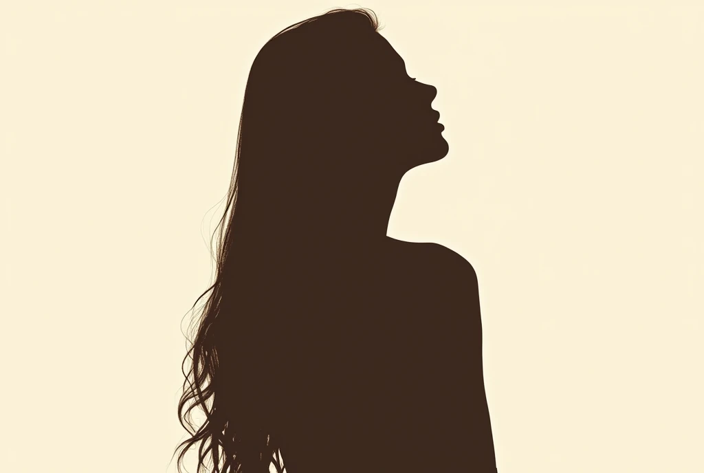 Line art, Monotony, Silhouette of a woman with long brown hair, From the shoulders up, moisture, Right leaning