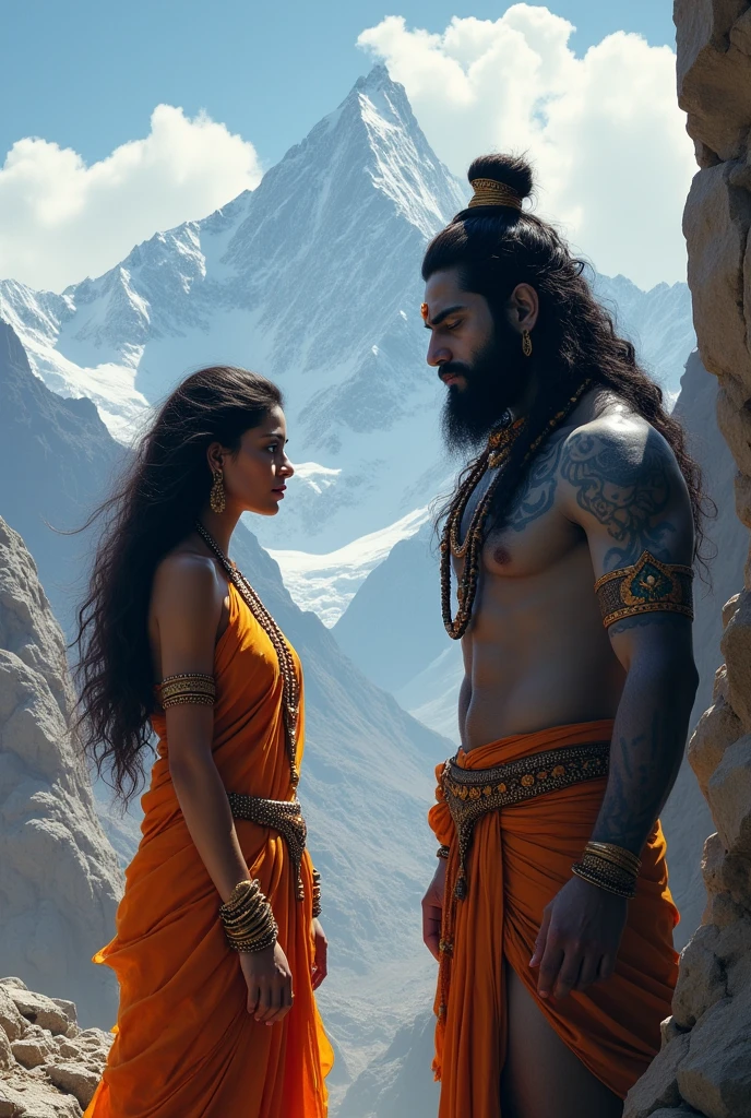 Give me a pic of maa parvati confronting lord shiva
Lord shiva is sad
Background is himalayas 
Both are wearing orange