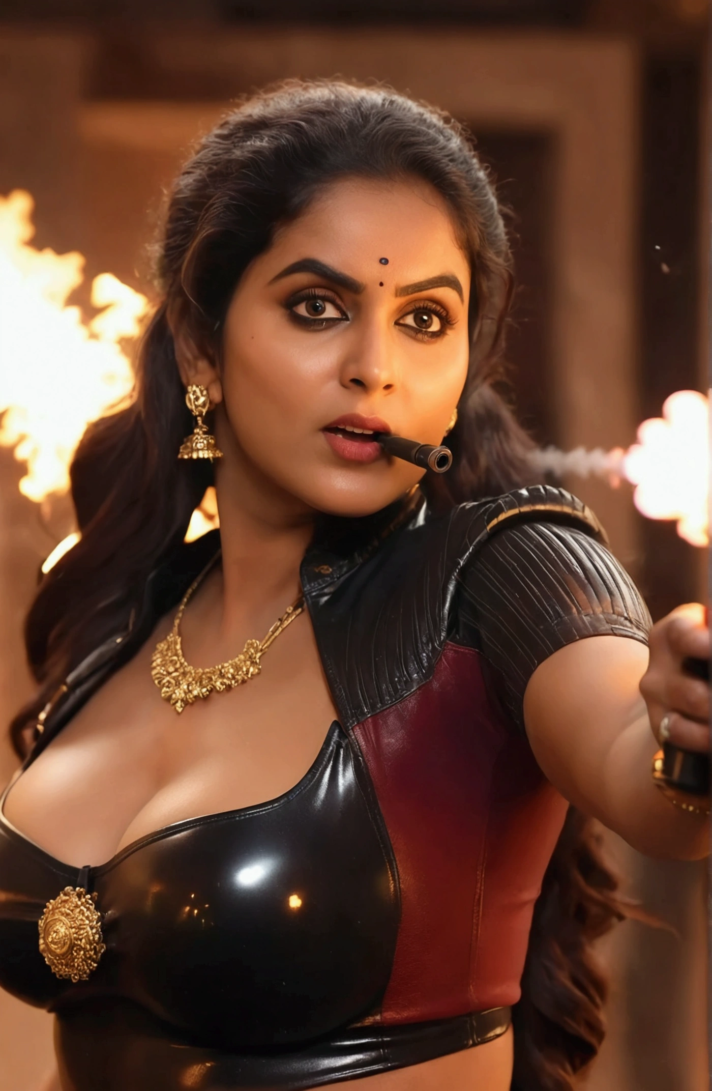 a highly detailed, indian women, busty, cleavage, cinematic action scene of a women wearing tight latex outfits, one woman holding a gun and firing, muzzle flash and smoke, beautifully sculpted facial features, detailed makeup, flowing hair, , dramatic lighting, cinematic camera angles, photorealistic, 8k, masterpiece, chaitra