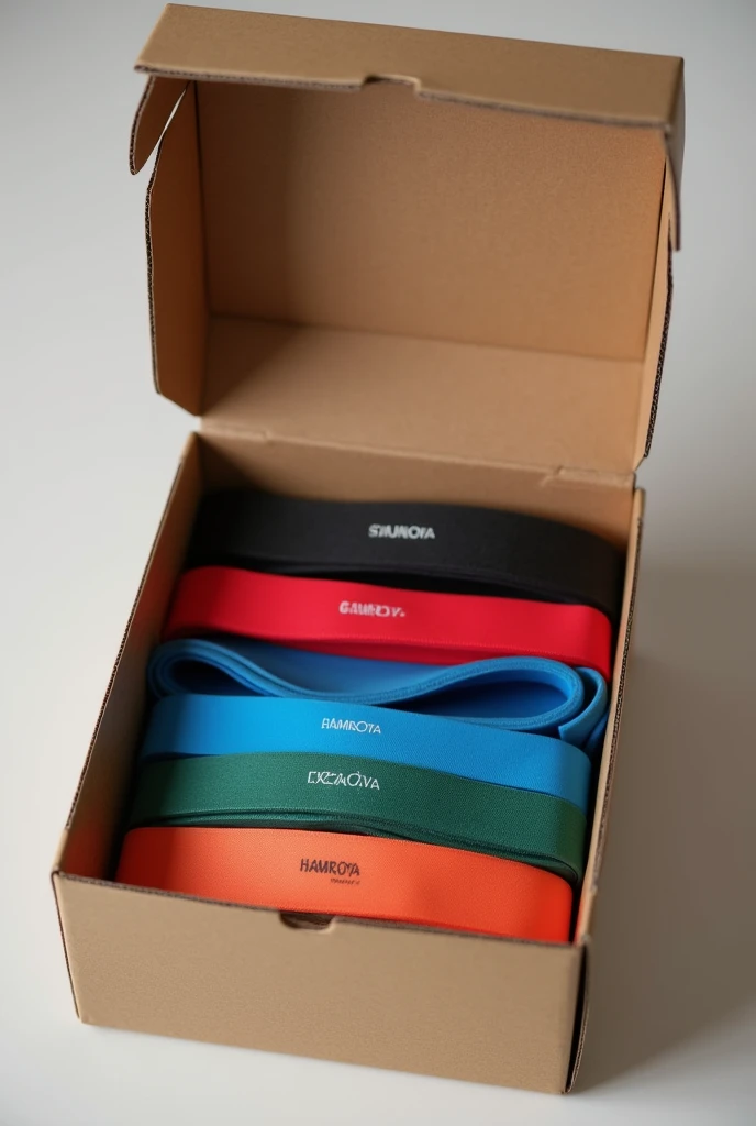 An open box containing elastic exercise bands