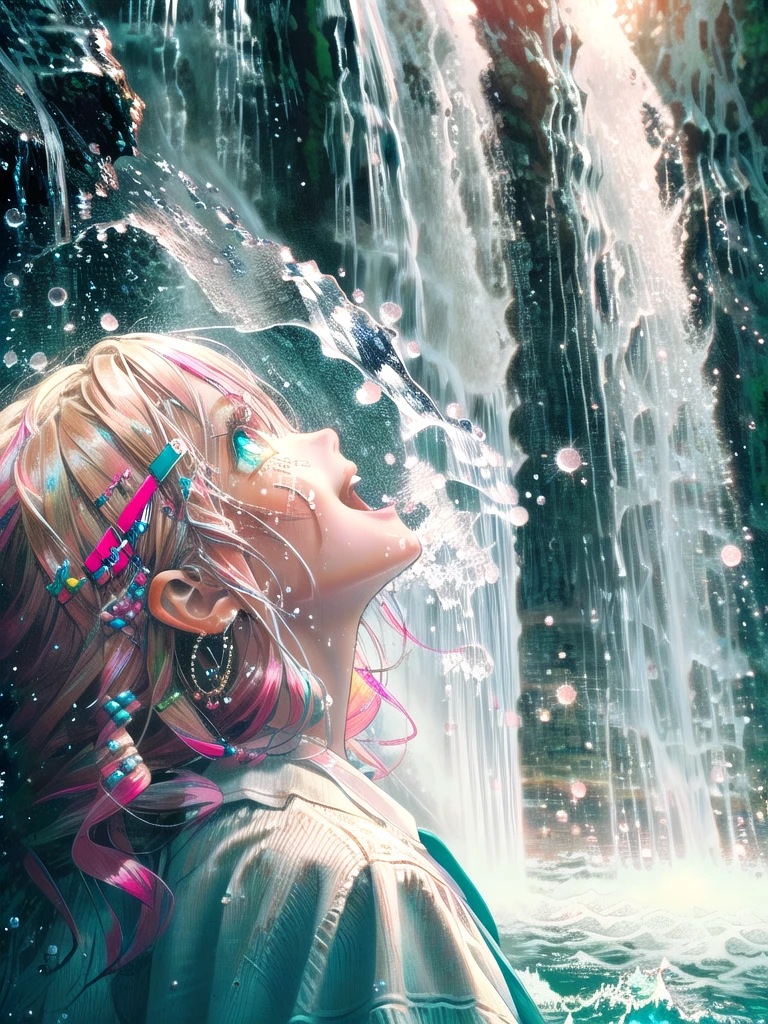 (8K, Highest Quality, Masterpiece:1.3)), Ultra High Resolution, (1 girl, solo), (Color changing eyes, Highly detailed, Expressive glow, Sparkling eyes), Highly detailed eyes, Highly detailed face, (Random hair, Pastel colors:1.2), Hair clip, Oversized linen shirt dress, Beige slide sandals, Woven hat, Beaded accessories, Messy wavy hair, Niagara Falls roars and splashes violently in the background, (Shining splashes:1.1), A large amount of splashes reflects the light and shines in seven fantastic colors, (Happy face:1.1), Front angle,