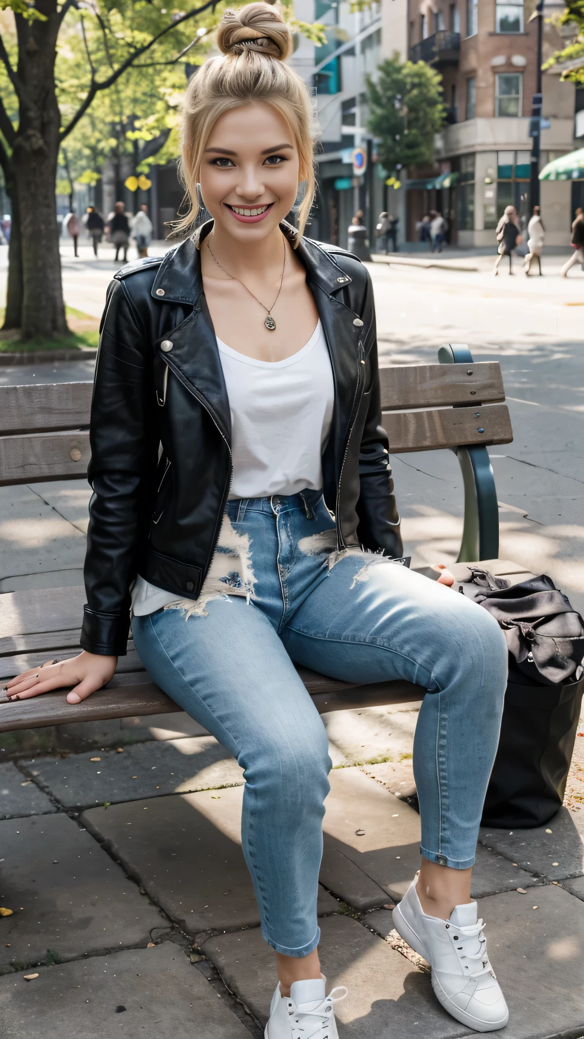 solve, 8k wallpaper, Beautiful Caucasian Woman、Full body photo、,sitting on a park bench、leather jacket、shirt、Skinny jeans、sneakers、、Necklace around the neck、 blonde 、Hairstyle bun、、ear piercing、smile、Beautiful teeth alignment、
