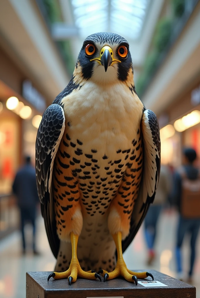 Create a realistic image of a falcon selling internet Win in a shopping mall