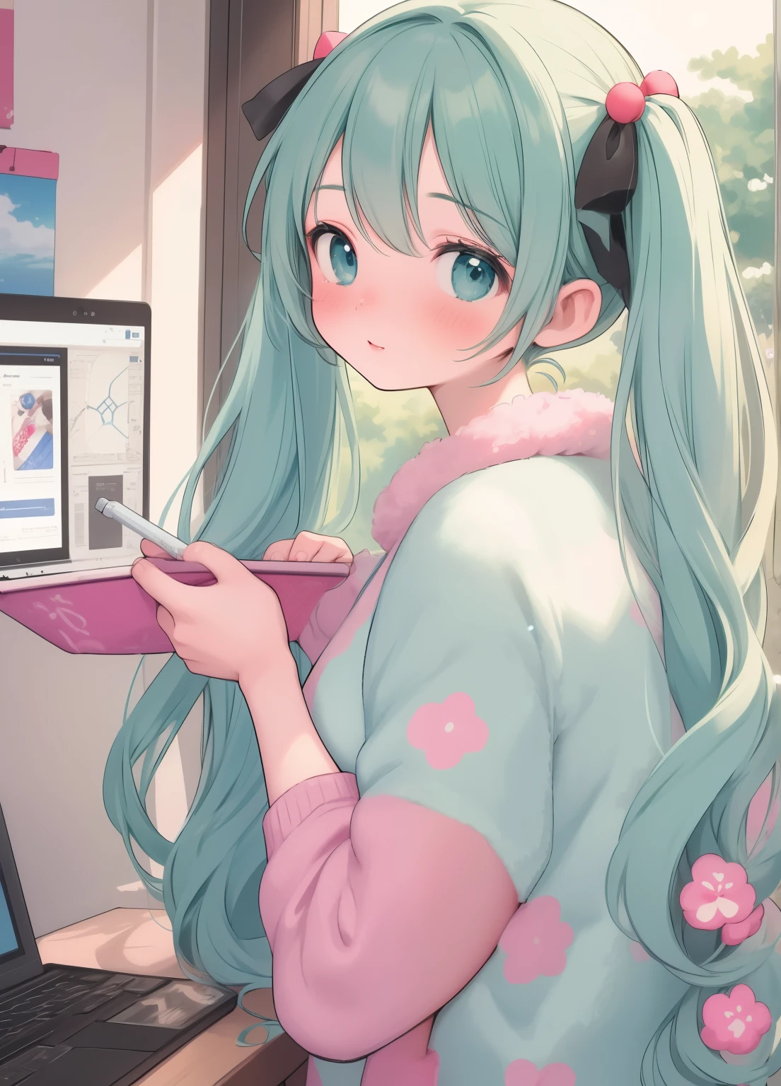 (masterpiece、Highest quality、Highest quality、Official Art、Beautiful and beautiful:1.2)、(One girl:1.3)Hatsune Miku、Twin tails,Beautiful breasts, Katsushika Hokusai,いろんなimageが出てくるスマートフォン, Photo - Shot, snap shot, Photo rendering, digital enhanced, Digital Media, The image is futuristic, visual, technology的な screens, 見事な構図のimage, information, 高画質なimage, technology, 高画質なimage", technology的な, digital screen, image, Manage your data, virtual, Improve