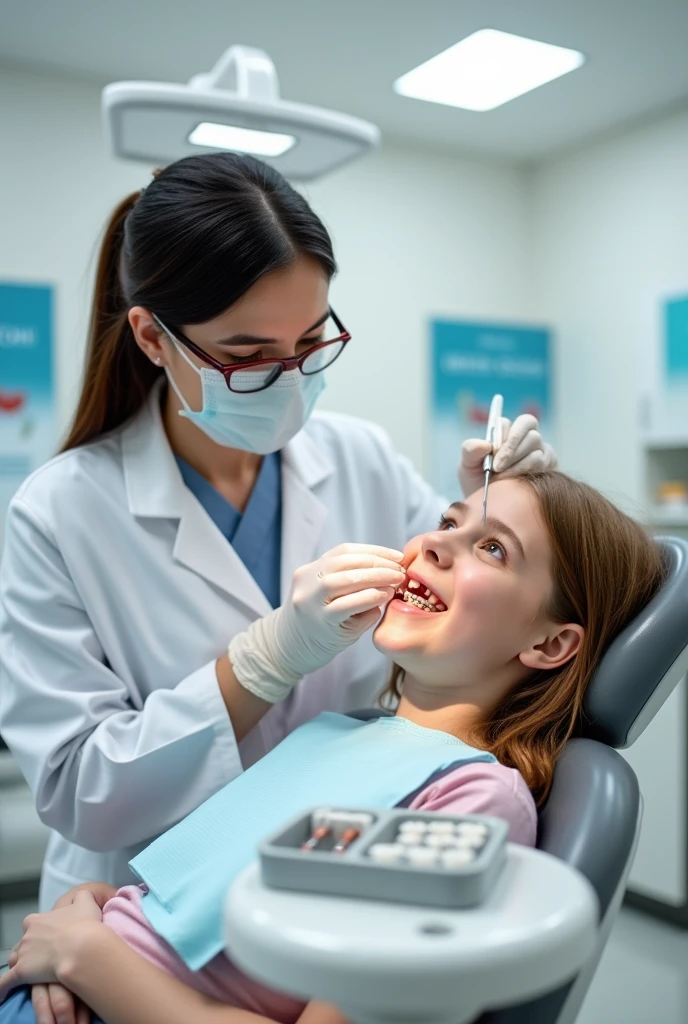 "A bright, modern dental clinic with a friendly dentist carefully placing braces on a patient's teeth. The dentist is wearing a white coat, gloves, and a face mask, focusing intently on the procedure. The patient, a young teenager, is sitting in a dental chair, looking slightly nervous but calm, with the dentist’s tools and a tray of orthodontic supplies visible nearby. The room is well-lit, with clean white walls and dental posters in the background, giving a professional and hygienic atmosphere."