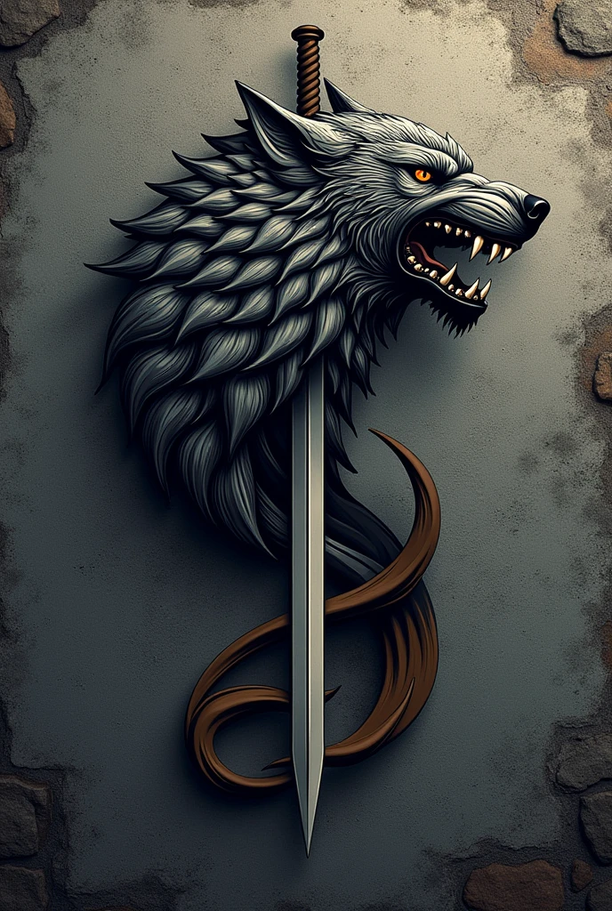 I want to create a logo , of the wolf of the house Stark passing through a path of swords around  , and a stone wall with the J of the Juventus football team in large letters