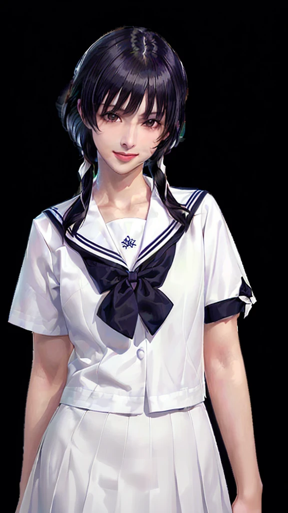 (((Perfect body,White and tender skin,(((JK_style,short-sleeved JK_shirt,short-sleeved JK_sailor,JK_suit,JK_tie ))),(((sui-feng, short hair, short hair with long locks,Black hair))),((masterpiece)),high resolution, ((Best quality at best)),masterpiece,quality,Best quality,((( Exquisite facial features,Looking at the audience,There is light in the eyes,Smile))),))),(((Light and shadow,Small chest,))),(((Looking at the camera,black background,)))),