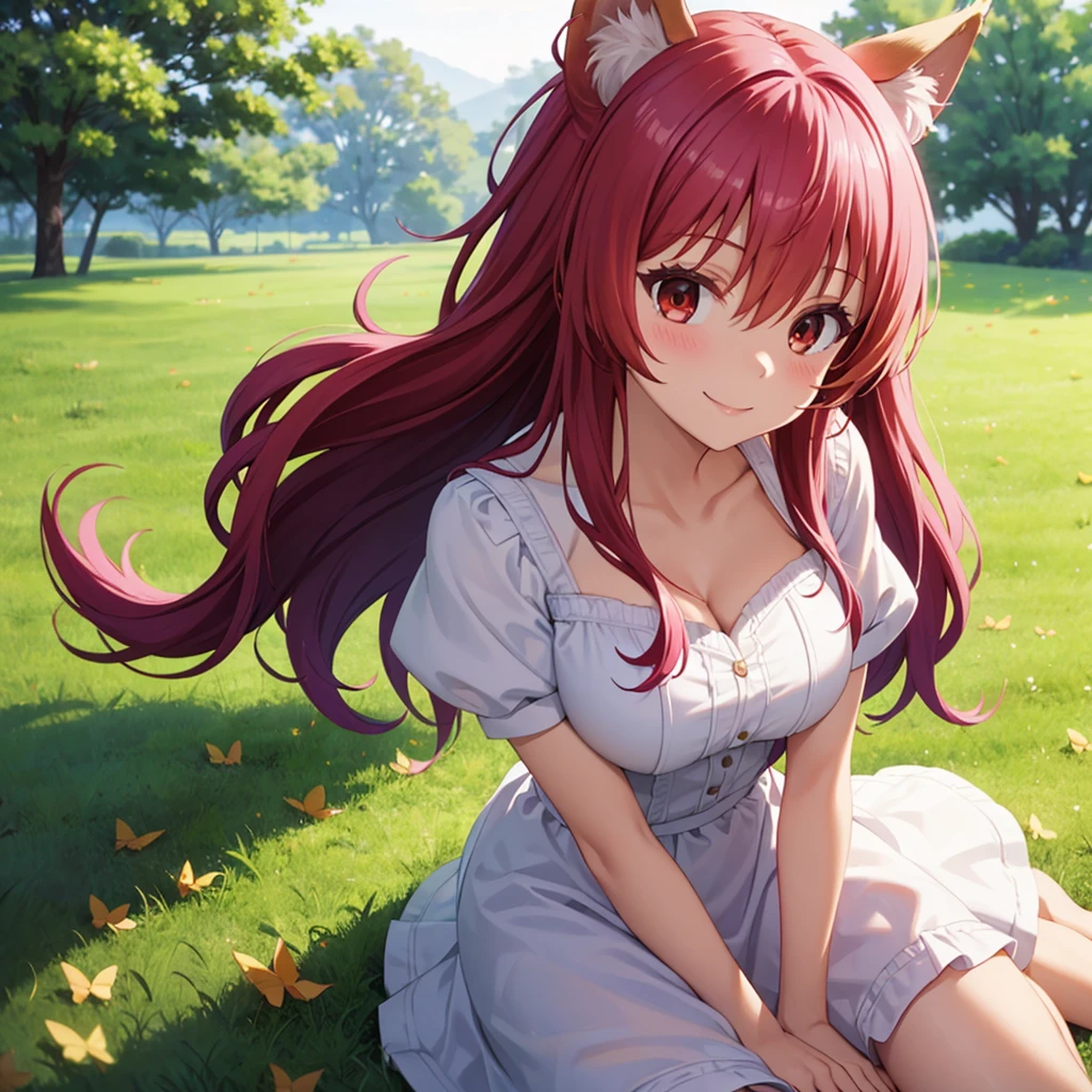 masterpiece,best quality, 1 Girl, Solitary, Smile, Smile, cherry, Sunlight Dappled, Butterfly, Grass Animal Ears,Wolf ears,Long hair, Tail, wolf Tail, Red Eyes, Wolf Girl,Brown hair,,  