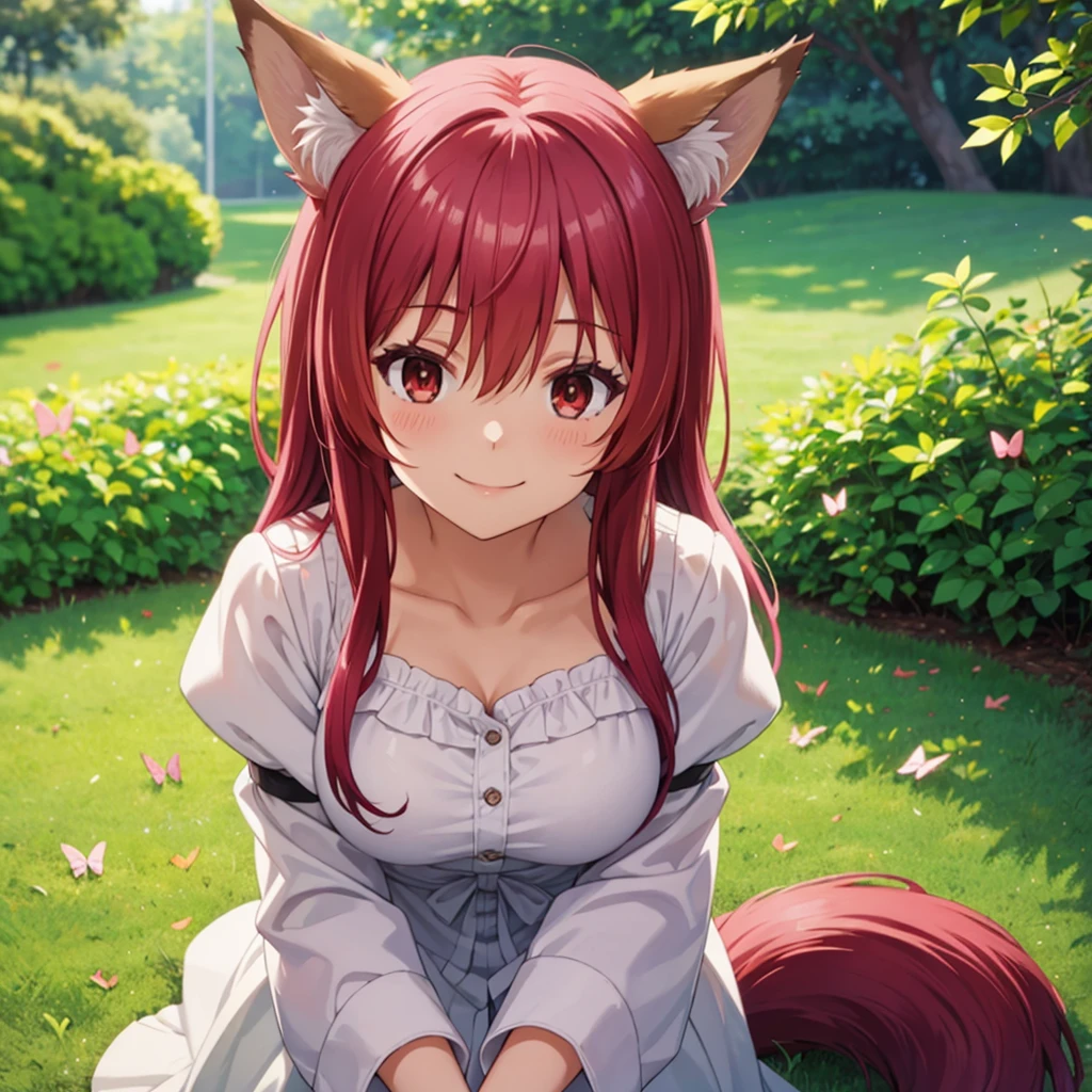 masterpiece,best quality, 1 Girl, Solitary, Smile, Smile, cherry, Sunlight Dappled, Butterfly, Grass Animal Ears,Wolf ears,Long hair, Tail, wolf Tail, Red Eyes, Wolf Girl,Brown hair,,  