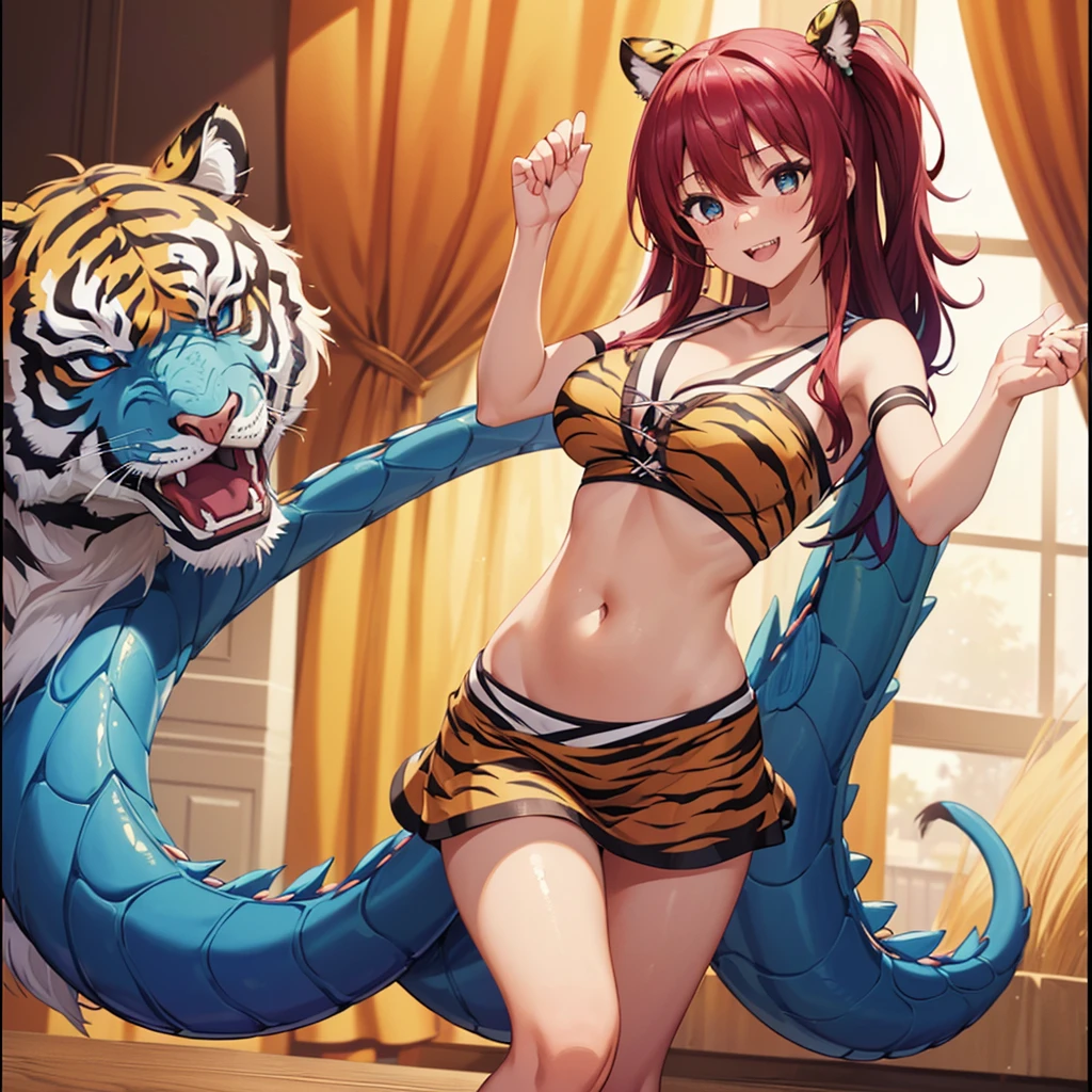 ((best quality, 8K, masterpiece: 1.3)), ((1 Girl:1.5)), Slim belly beauty: 1.3, Casual Hairstyle, (Blue Dragon Group: 1.5), Very delicate face, Exquisite eyes, Double eyelids, Smile, (Showing tiger teeth: 1.2), Dance