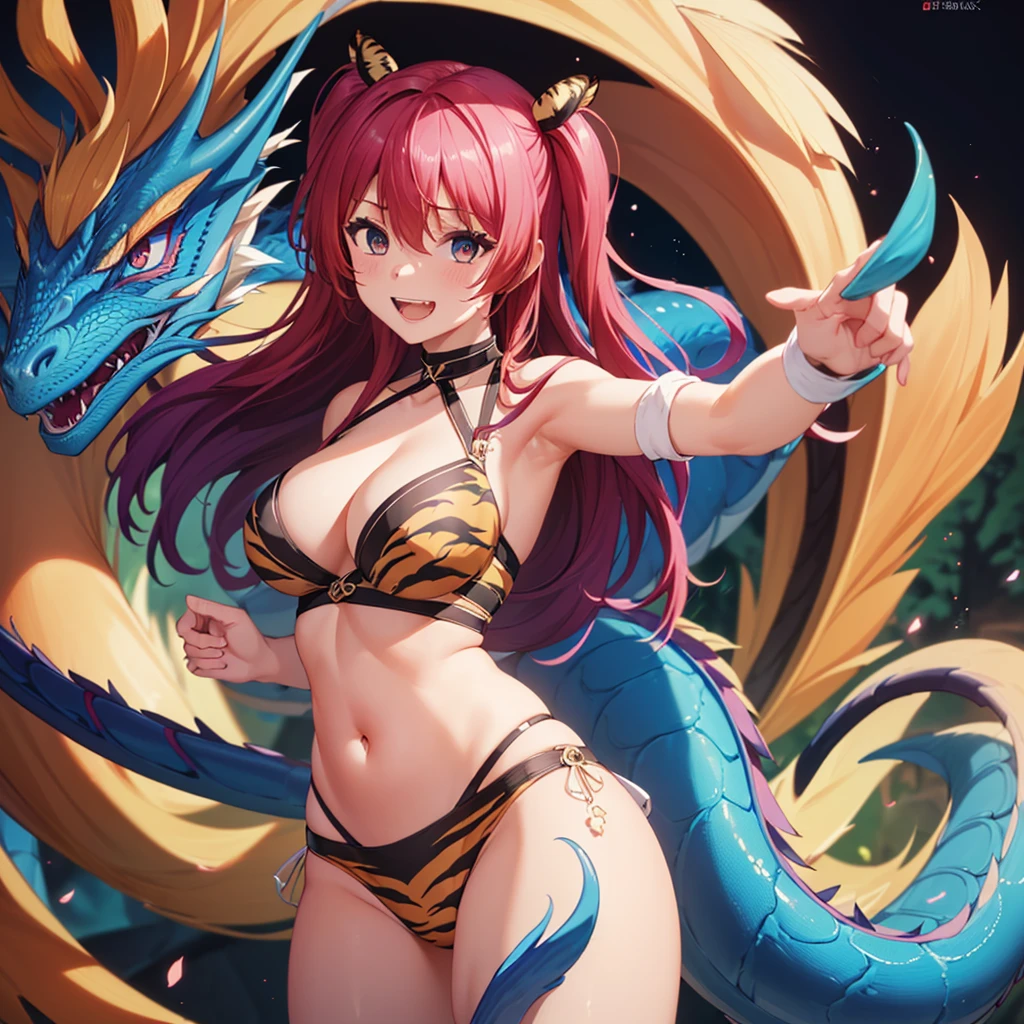 ((best quality, 8K, masterpiece: 1.3)), ((1 Girl:1.5)), Slim belly beauty: 1.3, Casual Hairstyle, (Blue Dragon Group: 1.5), Very delicate face, Exquisite eyes, Double eyelids, Smile, (Showing tiger teeth: 1.2), Dance