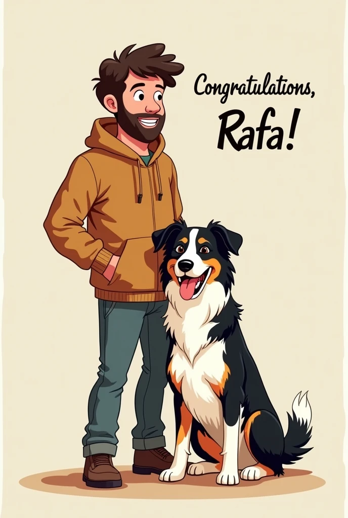 an illustration of a 40 year old man with a border collie dog and the words Congratulations, Rafa!