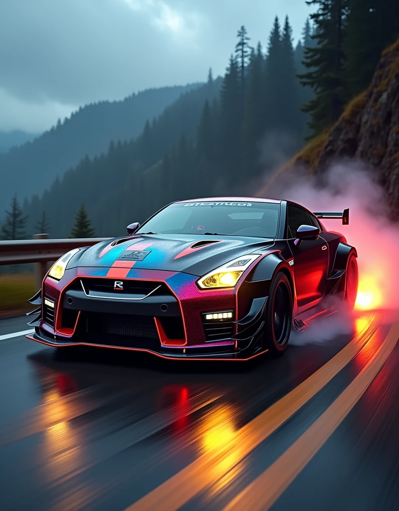(masterpiece), best quality, ultra-detailed, 8K), 2024 GTR Nismo, street racing-inspired, Drifting inspired, LED, ((Twin headlights)), (((Bright neon color racing stripes))), (Black racing wheels), Wheel spin showing motion, Show car in motion, Burnout, wide body kit, modified car, racing livery, masterpiece, best quality, realistic, ultra highres, (((depth of field))), (full dual color neon lights:1.2), (hard dual color lighting:1.4), (detailed background), (masterpiece:1.2), (ultra detailed), (best quality), intricate, comprehensive cinematic, magical photography, (gradients), glossy, Drifting, going fast, night, bright yellow headlights, setting USA Oregon's Mountain roads, No text on signs, Late night time, Set in a rain storm with lightning,1 car., Nature, model shoot style, Fast action style, Sideways drifting in to a turn, Red and black cars, Night with galaxy sky, Fast action style, fire out of tail pipes, Sideways drifting in to a turn, Neon galaxy metallic paint with race stripes, aesthetic, intricate, realistic, cinematic lighting, Neon Paint, streaks of fire,