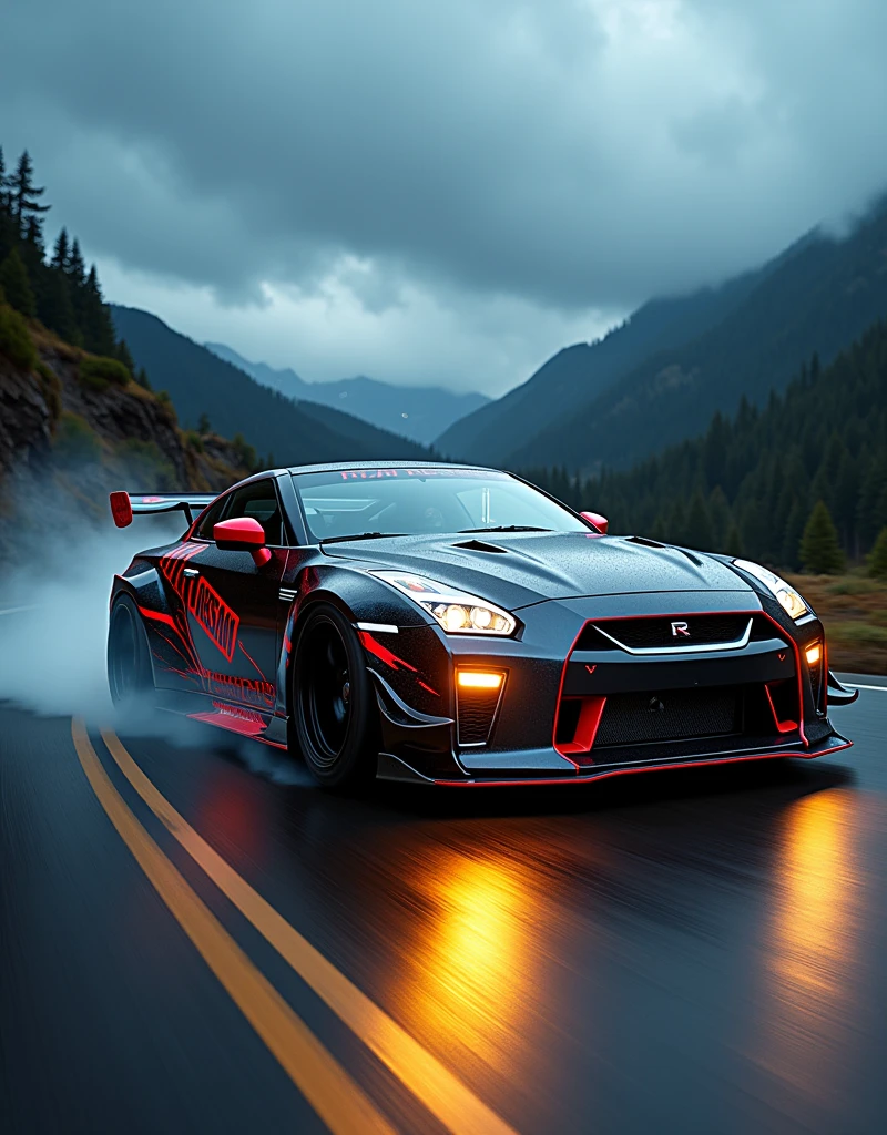 (masterpiece), best quality, ultra-detailed, 8K), 2024 GTR Nismo, street racing-inspired, Drifting inspired, LED, ((Twin headlights)), (((Bright neon color racing stripes))), (Black racing wheels), Wheel spin showing motion, Show car in motion, Burnout, wide body kit, modified car, racing livery, masterpiece, best quality, realistic, ultra highres, (((depth of field))), (full dual color neon lights:1.2), (hard dual color lighting:1.4), (detailed background), (masterpiece:1.2), (ultra detailed), (best quality), intricate, comprehensive cinematic, magical photography, (gradients), glossy, Drifting, going fast, night, bright yellow headlights, setting USA Oregon's Mountain roads, No text on signs, Late night time, Set in a rain storm with lightning,1 car., Nature, model shoot style, Fast action style, Sideways drifting in to a turn, Red and black cars, Night with galaxy sky, Fast action style, fire out of tail pipes, Sideways drifting in to a turn, Neon galaxy metallic paint with race stripes, aesthetic, intricate, realistic, cinematic lighting, Neon Paint, streaks of fire,