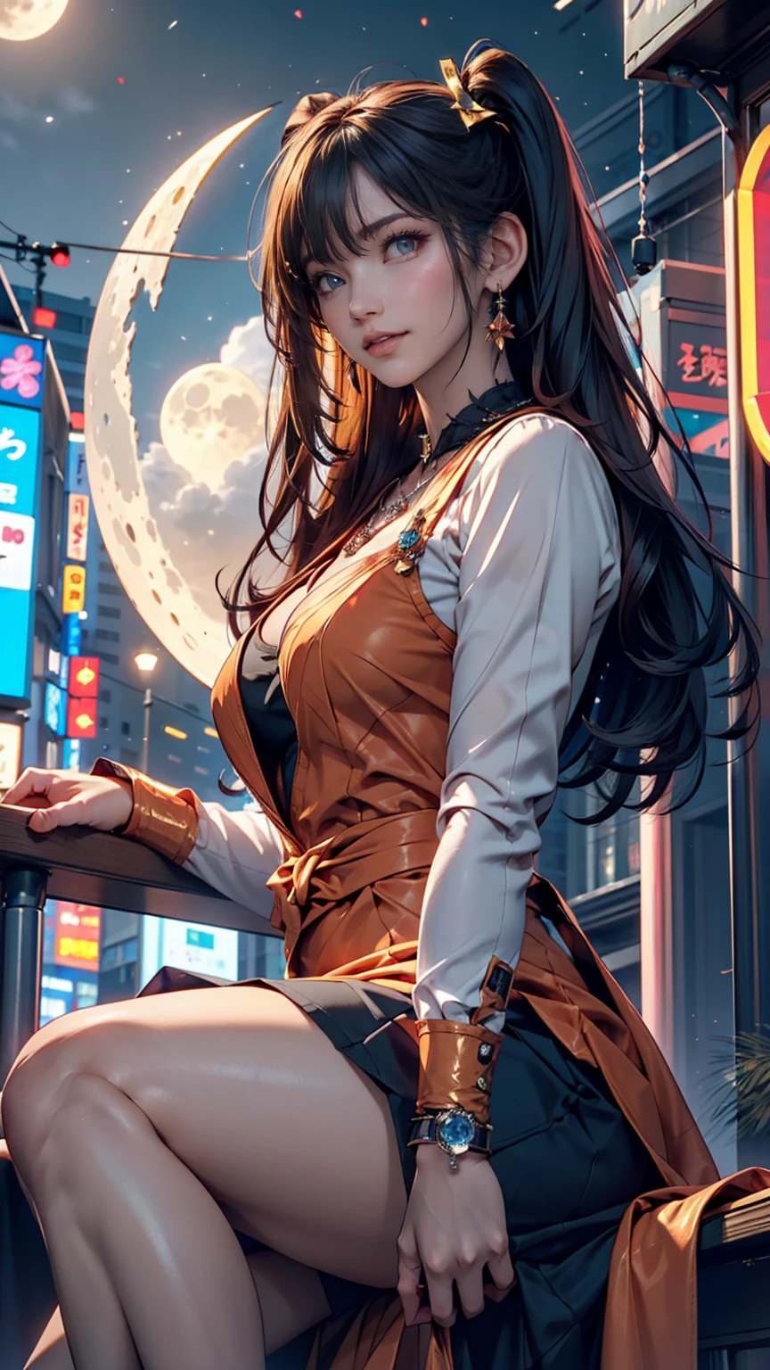 (masterpiece, Highest quality;1.3), Very detailed ,Super detailed,  One girl,alone,  Twin tails,  Large Breasts, Wicked Smile, Gundam(rx78), sf, Mecha, , Blue Hair, alone, hair ornaments, Long Hair, Twin tails, Golden Eyes, jewelry, Earrings, View your viewers,Shinjuku City Background,night, Lots of neon signs, Moon base, Detailed dress, Micro Mini Skirt,  From below, Sitting,, Bust Shot,