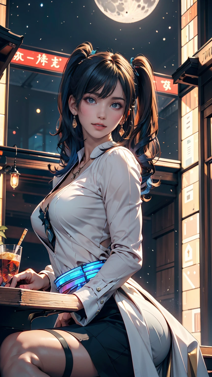 (masterpiece, Highest quality;1.3), Very detailed ,Super detailed, One girl,alone, Twin tails, Large Breasts, Wicked Smile, Gundam(rx78), sf, Mecha, , Blue Hair, alone, hair ornaments, Long Hair, Twin tails, Golden Eyes, jewelry, Earrings, View your viewers,Shinjuku City Background,night, Lots of neon signs, Moon base, Detailed dress, Micro Mini Skirt, From below, Sitting,, Bust Shot,
