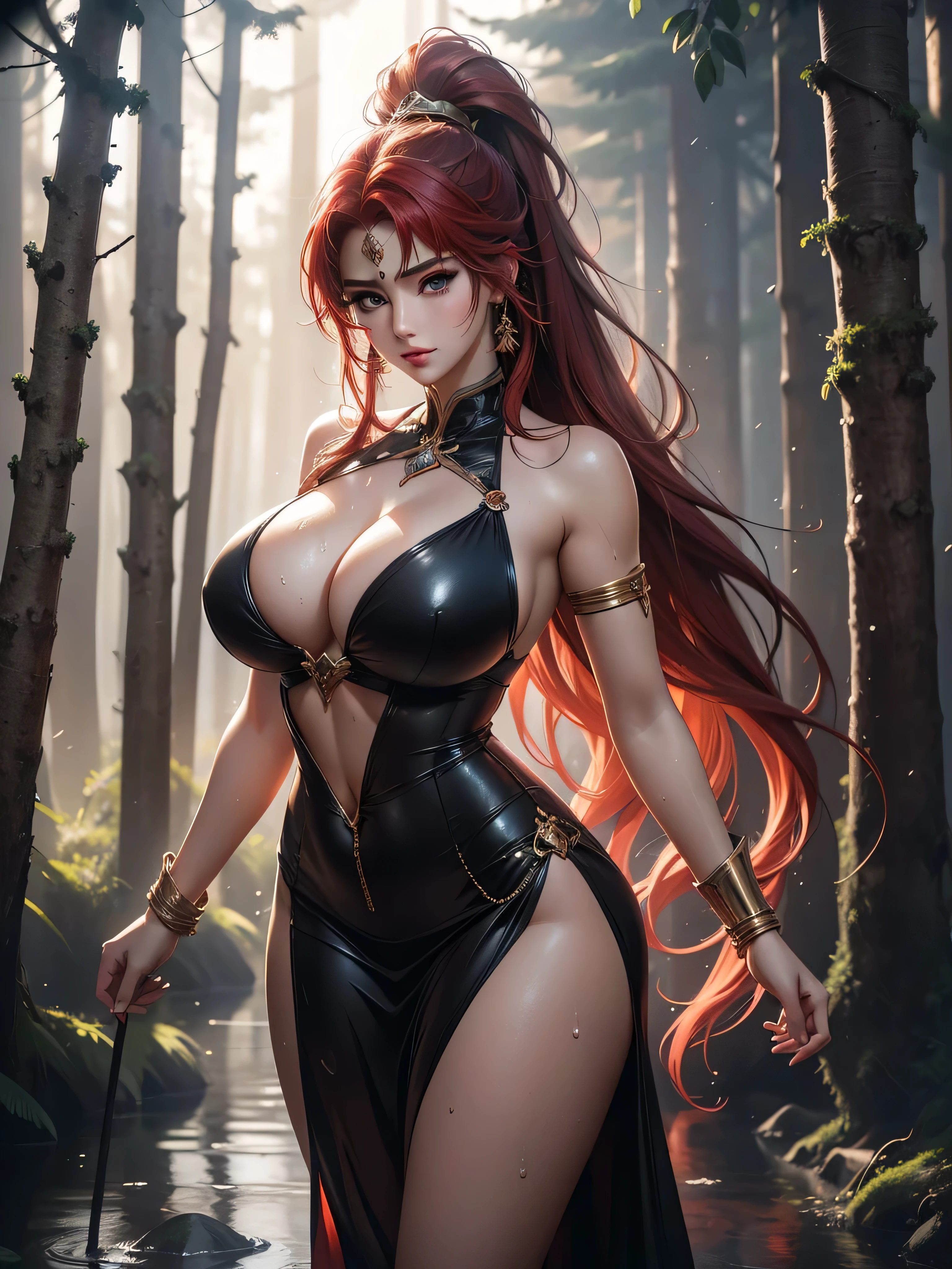 1female,25 yers old,Huge breasts, solo,Saint Seiya,shairband,coniferous forest, She has short flowing bright red hair, standing on your feet,Bigchest,Wet straight hair,Sweat profusely,drenched all over the body, From the front side, hair straight, mostly cloudy sky,(((tmasterpiece),(Very detailed CG unity 8K wallpaper),best qualtiy,cinmatic lighting,detailed back ground,beatiful detailed eyes,Bright pupils,(Very fine and beautiful),(Beautiful and detailed eye description),ultra - detailed,tmasterpiece,)),facing at camera,A high resolution,ultra - detailed),beautifullegs,,Emotive expressions,Open-mouthed,Chest sagging,,extremely large bosom,Extremely colorful,Most detailed,fully body photo,The face is well lit, close up shot, zoomed in