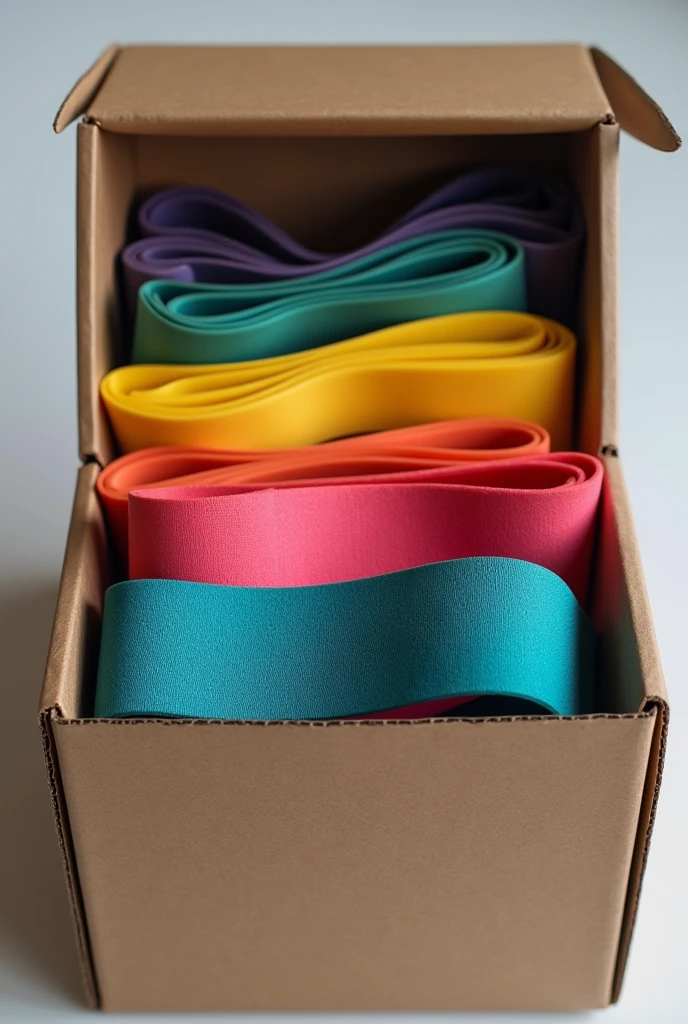 An open box containing elastic exercise bands and their accessories