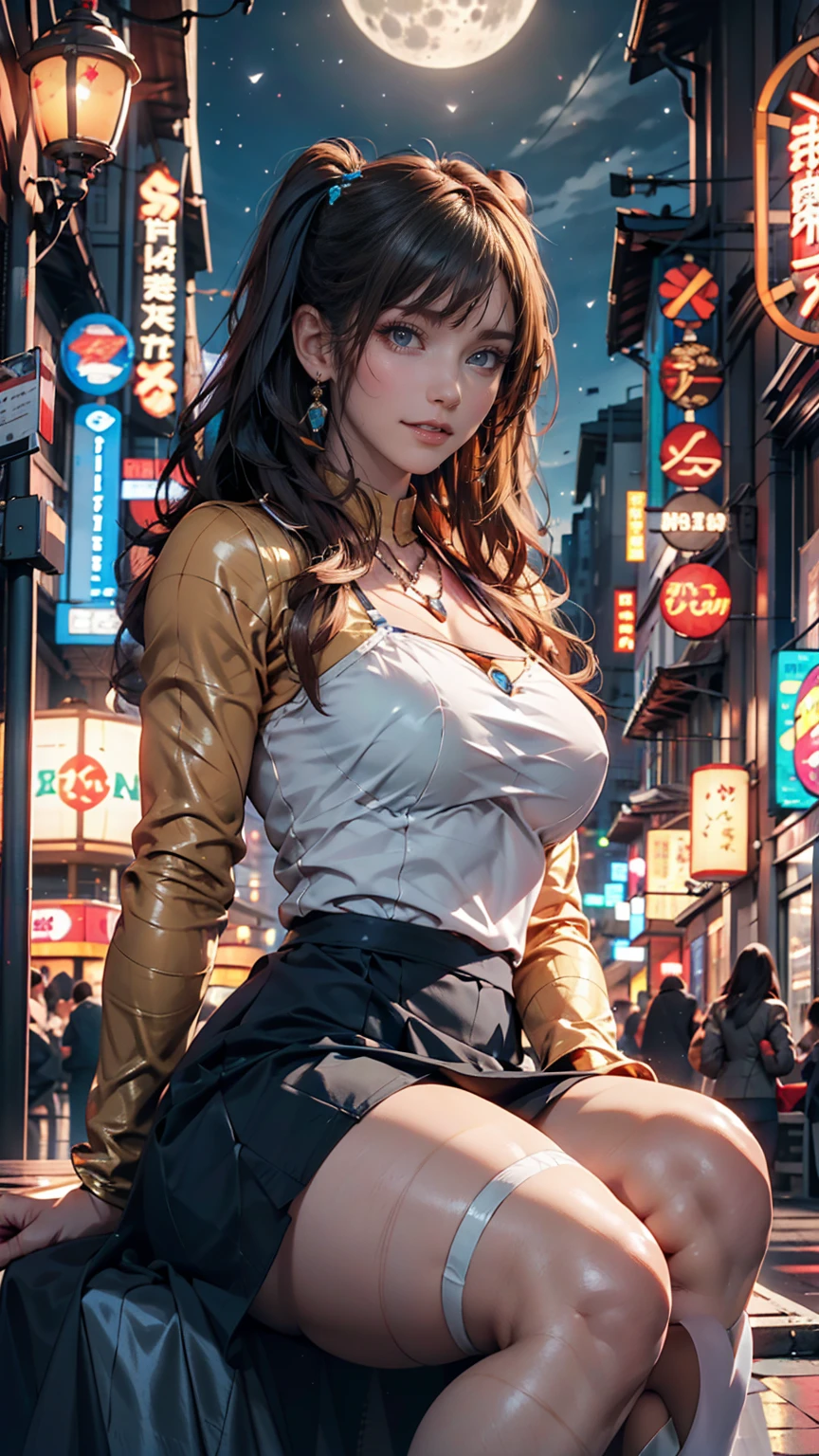 (masterpiece, Highest quality;1.3), Very detailed ,Super detailed, One girl,alone, Twin tails, Large Breasts, Wicked Smile, Gundam(rx78), sf, Mecha, , Blue Hair, alone, hair ornaments, Long Hair, Twin tails, Golden Eyes, jewelry, Earrings, View your viewers,Shinjuku City Background,night, Lots of neon signs, Moon base, Detailed dress, Micro Mini Skirt, From below, Sitting,, Bust Shot