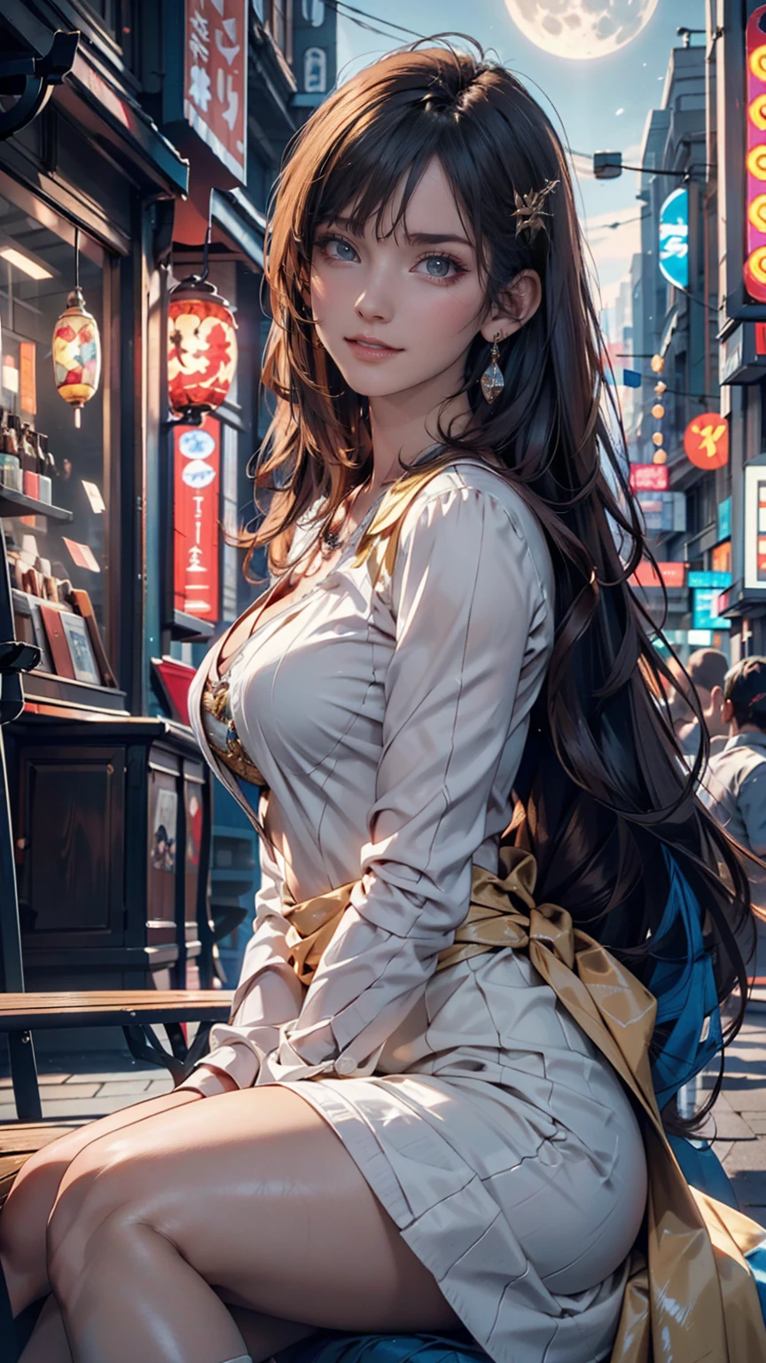 (masterpiece, Highest quality;1.3), Very detailed ,Super detailed,  One girl,alone,  Twin tails,  Large Breasts, Wicked Smile, Gundam(rx78), sf, Mecha, , Blue Hair, alone, hair ornaments, Long Hair, Twin tails, Golden Eyes, jewelry, Earrings, View your viewers,Shinjuku City Background,night, Lots of neon signs, Moon base, Detailed dress, Micro Mini Skirt,  From below, Sitting,, Bust Shot,