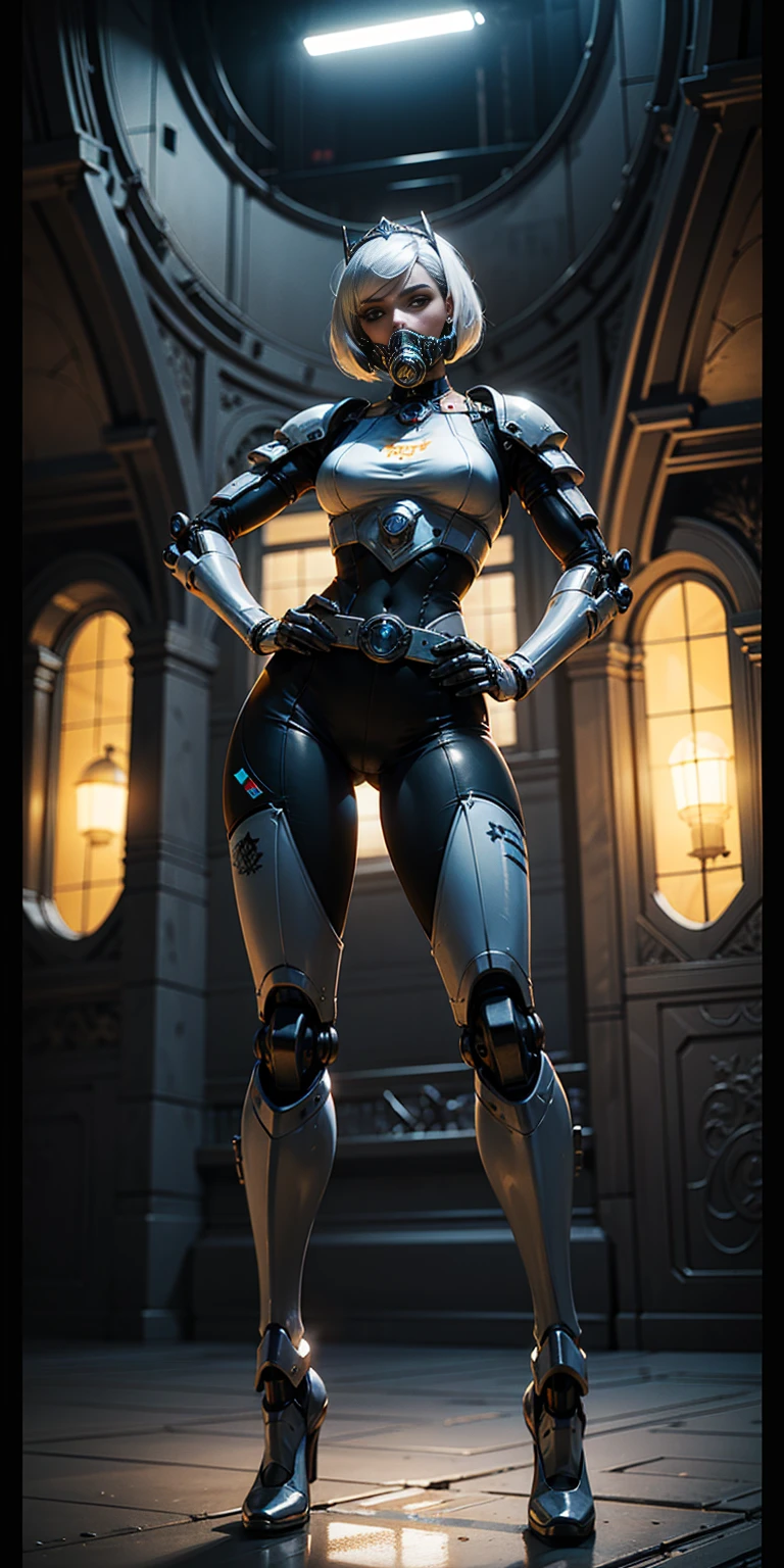 (white ackground:1.2) (masterpiece:1.2,high quality) 1girl, ((ultra realistic details)), global illumination, shadows, Unreal Engine, octane render, 8k, ultra sharp, metal, intricate, ornaments detailed, highly intricate details, yellow bright eyes (mechanical body:1.2) white hair (black gas mask) Gear, bob cut, hundreds of wires, Terran, (Robot, android:1.15) full body, whole body 1solo (girl) standing, hands on hips full body, whole body. choker, big belt, view from below, feet together, bracers, tiara