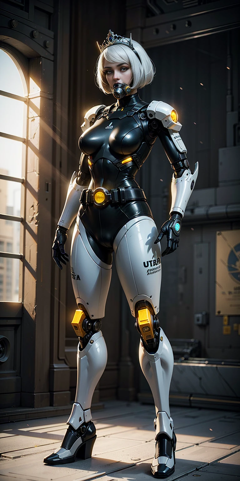 (white ackground:1.2) (masterpiece:1.2,high quality) 1girl, ((ultra realistic details)), global illumination, shadows, Unreal Engine, octane render, 8k, ultra sharp, metal, intricate, ornaments detailed, highly intricate details, yellow bright eyes (mechanical body:1.2) white hair (black gas mask) Gear, bob cut, hundreds of wires, Terran, (Robot, android:1.15) full body, whole body 1solo (girl) standing, hands on hips full body, whole body. choker, big belt, view from below, feet together, bracers, tiara