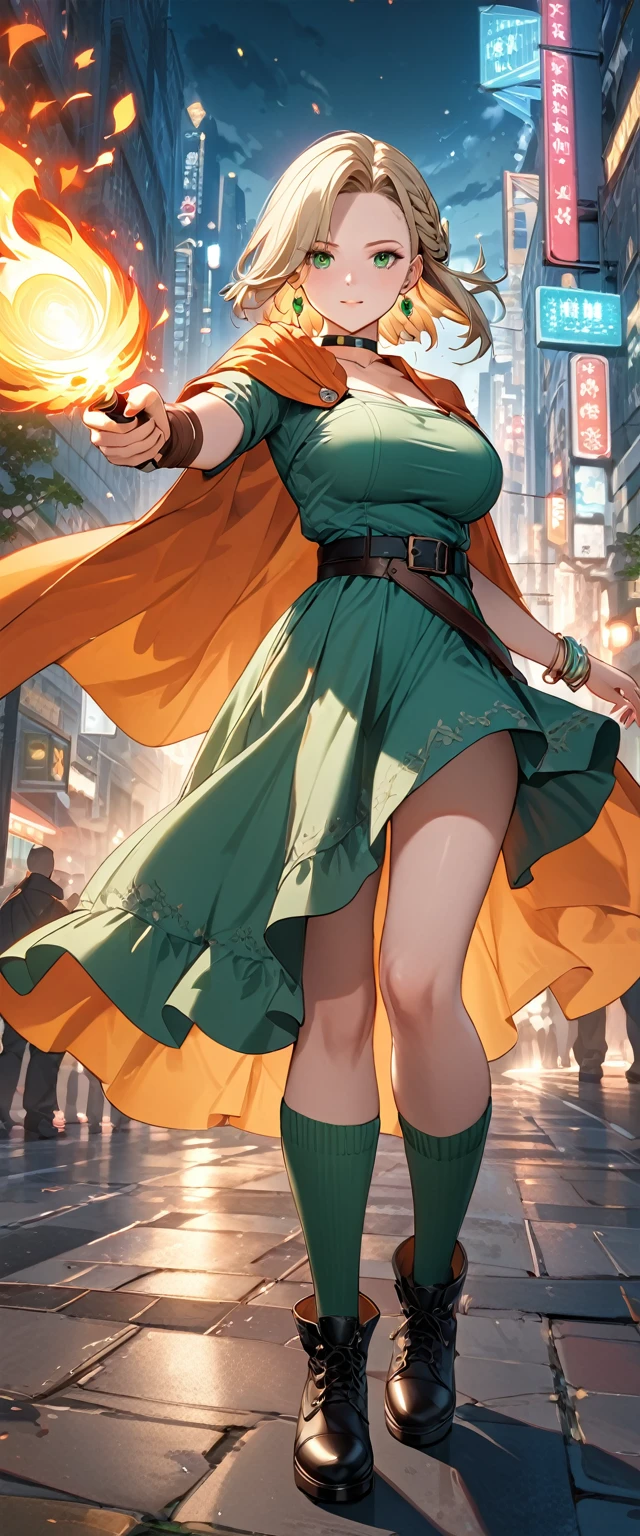 (8k, masterpiece, Highest quality, High resolution, Ultra-fine illustrations:1.2), (Beautiful attention to detail:1.2), One girl, alone, city, Outdoor, DQ Bianca, Single Blade, Earrings, choker, Orange Cape, Green Dress, belt, bracelet, Black boots, Green High Socks, Large Breasts, Contrasting , full body, braid, forehead, Waving a magic wand, Attacking with fire magic