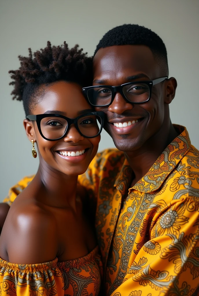 (photorealism:1.2), a beautiful black couple man with short hair and no beard, woman with short hair,wearing African clothing,both wearing black oversized glasses smiling and hugging watching the camera.
