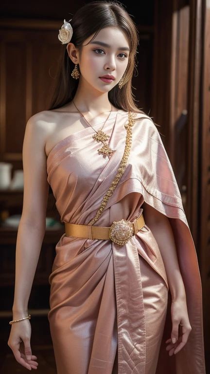 (RAW photos:1.2), (realistic:1.4), (Masterpiece:1.3), (best quality:1.4), Ultra high resolution, (Detailed eyes), (Detailed facial features), (Detailed clothing features), HDR, 8K resolution, focus only, Dressing according to Thai tradition, Traditional shawl , 1 woman , big breasts, A gigantic rift, big breastsดันเสื้อผ้า, big breast, Breasts are fully grown., small waist, Long legs, Facing the audience, full body, depth of field, Cinema-grade lighting system,