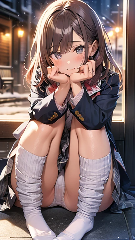 ((masterpiece, Highest quality, High resolution, 超High resolution, Pixel Perfect, Written boundary depth, 4K, RTTX 10.0, Human Development Report))), 1 girl, single, alone, beauty、View the whole body、 ((Long Hair, Short Liuhai, Reddish brown hair)), ((blue eyes, Beautiful eyelashes, Realistic eyes)), ((Detailed face, blush:1.2)), ((Smooth texture:0.75, Vibrant texture:0.65, Vibrant:1.1, Anime CG style)), Medium chest, Perfect body, smile, attractive way to sit, Brewing tea in a teapot, (The wind makes my hair flutter,Exposing shoulders、Expose the chest) , It snows heavily at night、(((Showing panties:1.3)))、M-shaped legs:1.4 Highest, masterpiece, High resolution, (Head to toe full body view), front, frontComposition from slightly below, Symmetric, Tall 18 year old girl, alone, (Head to toe), (Small breasts), Unkempt brown hair,(White luxury lingerie), (Sit with your legs apart), (Crouching pose), (白いShowing panties構図), (Her legs were spread、I see your white pants.), (I was made to sit on the floor with my legs spread...),((((M-shaped legs:1.4))))
, Thin legs, A very beautiful and tall 18 year old girl, (No shoes), blush, Shy big eyes, looking at the camera, (((Blazer Uniform, Checkered Pleated Skirt)))、((Vulgarity)),