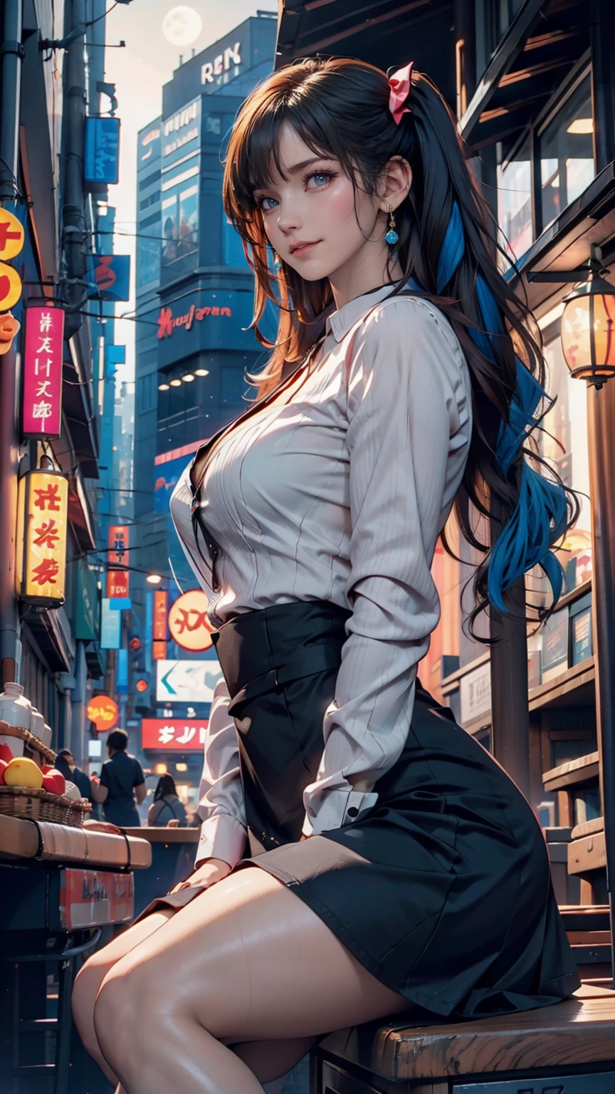 (masterpiece, Highest quality;1.3), Very detailed ,Super detailed,  One girl,alone,  Twin tails,  Large Breasts, Wicked Smile, Gundam(rx78), sf, Mecha, , Blue Hair, alone, hair ornaments, Long Hair, Twin tails, Golden Eyes, jewelry, Earrings, View your viewers,Shinjuku City Background,night, Lots of neon signs, Moon base, Detailed dress, Micro Mini Skirt,  From below, Sitting,, Bust Shot,