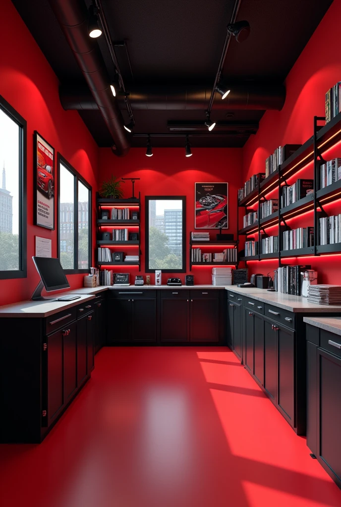 I want to open a business selling car batteries, that it is a modern place, bookshelves, an L-shaped table in a corner, that red and black colors predominate, with posters on the walls I want a view inside the business
