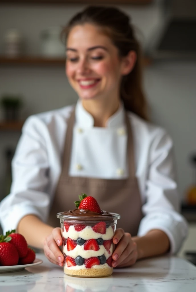 happy smiling woman. entrepreneur, working in the kitchen as a pastry chef making cake in a jar. Image that blurs the woman and zooms in and focuses on the candy. Small pot with cake in alternating layers of strawberry and chocolate.