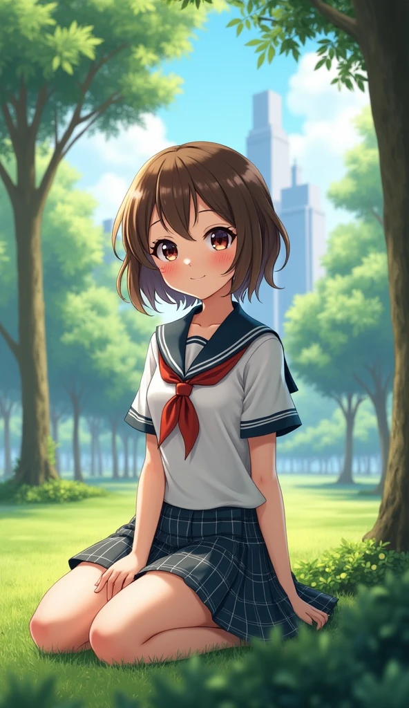 1 girl, brown eyes, short brown hair, school uniform, chilling on the city park, cute smile face