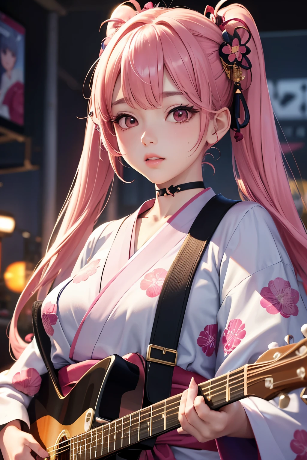 masterpiece, best quality, very detailed, high resolution, expensive resolution, high resolution, 4K, 8k, Unity 8k wallpaper, highly detailed CG, masterpiece, 2D, 3D, beautiful details, depth, fine texture, best quality: 1.3, perfect focus, crispy skin, he,
Very cute anime girl, girl playing guitar vocals in a band wearing a Japanese fancy floral haori hakama, on outdoor stage, full body, expensive pink twin tail hair, mole under eye, looking at the viewer, expensive, blush, mole, lips open, , heart choker, pink eyes, guitar vocals, stage