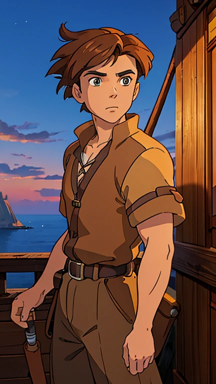 (a man as Jim Hawkins), (extremely detailed CG unit 8k wallpaper),(master part), (best quality), (ultra detail), (best illustration),(ghibli style), cowboy shot,(Sharp eyeliner, ombre, detailed eyes:1),ship's deck, outdoors background,break,upper body