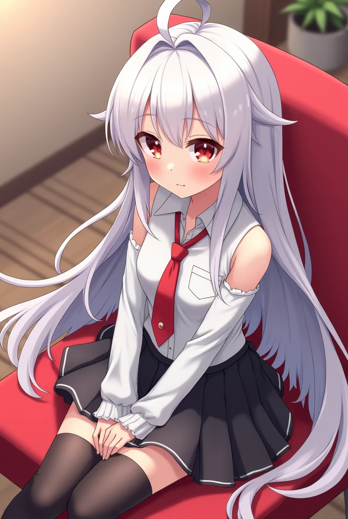 a white haired, red eyed anime character sitting