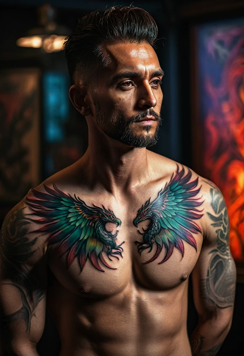 muscular man, detailed facial features, phoenix tattoo on left ribcage, dragon tattoo on back, realistic, photorealistic, extremely detailed, 8k, cinematic lighting, dramatic shadows, chiaroscuro, moody atmosphere, vibrant colors, dynamic pose, powerful expression