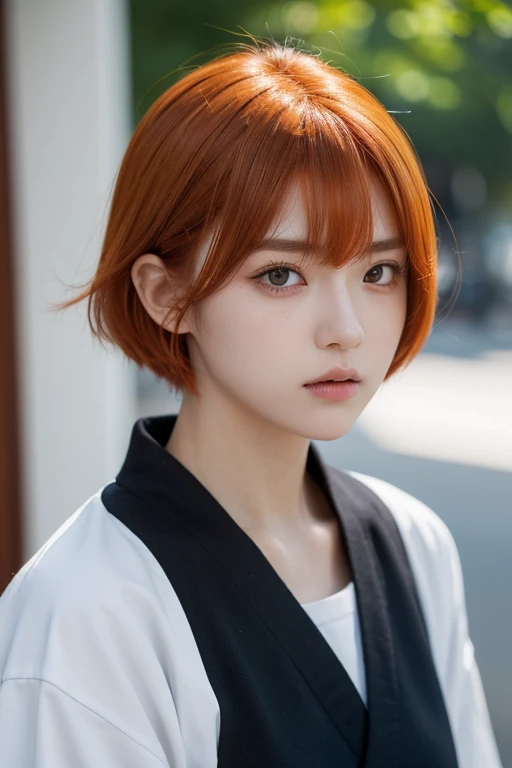 1girl, female focus, kugisaki nobara, jujutsu kaisen, high school student, orange hair color, bob hair style, brown eye, black clothes and sailor uniform, close up to face, zoom in face, face focus, above shoulder, upper body, BREAK masterpiece, best quality, very aesthetic, absurdres, absolutely resolution, ultra detailed, 64K, super fine illustration, highly detailed beautiful face and eyes, perfect anatomy, professional lighting