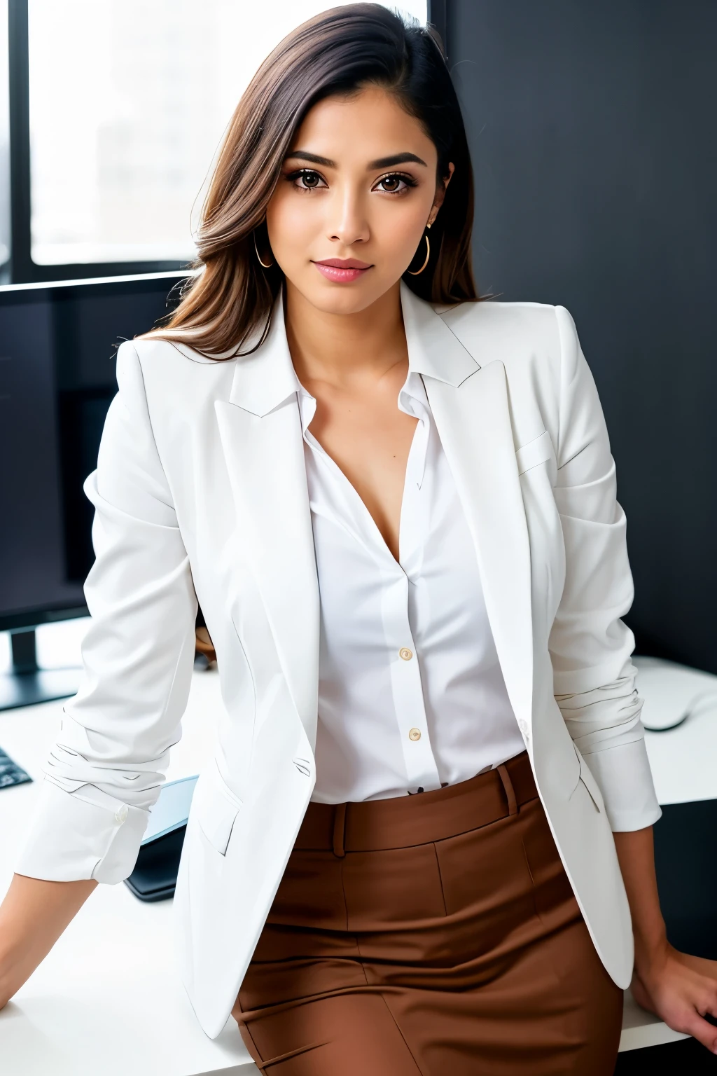 realistic portrait of an extremely beautiful Salvadorean woman wearing a business suit, lawyer girl, beautiful detailed eyes, beautiful detailed lips, extremely detailed face and eyes, long eyelashes, realistic, photorealistic, high quality, 8k, detailed, masterpiece, studio lighting, vivid colors, 1 girl, professional, elegant, confident, poised, serious expression, brown skin, brown eyes, dark hair, businesswoman, corporate attire, office interior background