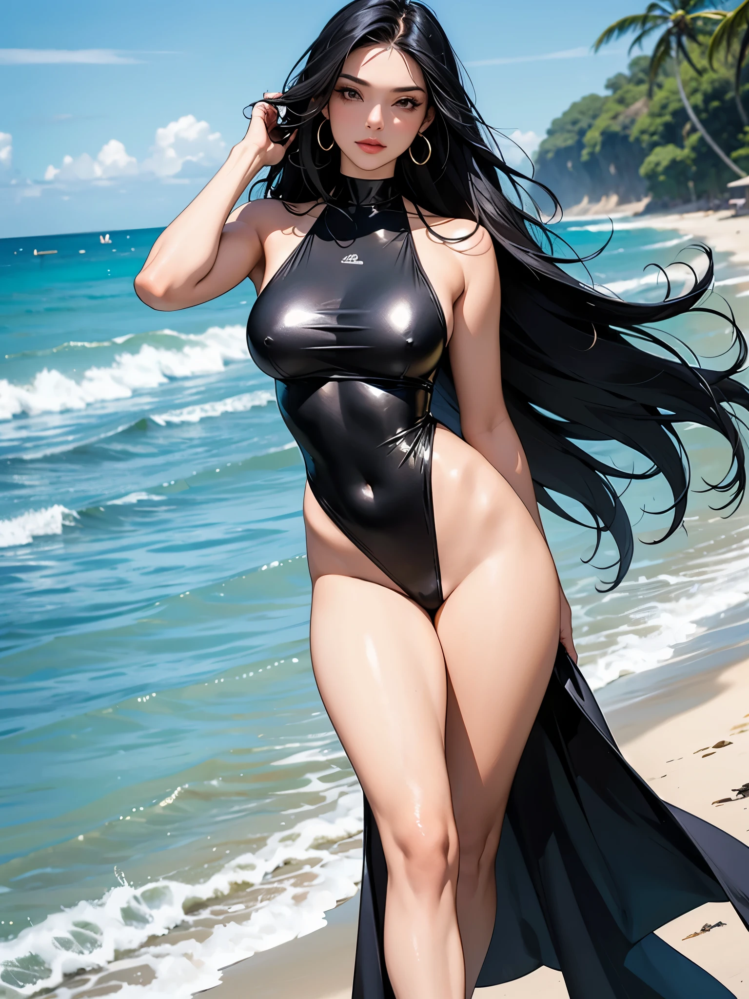 A confident Latina woman with long, sleek black hair flowing in the wind. She is dressed in a metallic gold one-piece swimsuit, striking a pose on the beach. huge boobs. she is walking 