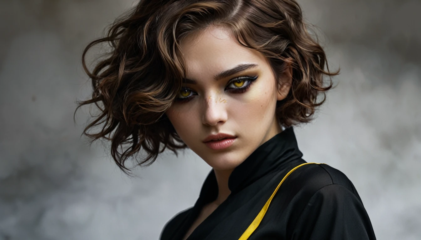 ((masterpiece)),girl with one eye closed, Brown wavy short hair, Assassin in black cloth, Yellow Eyes
