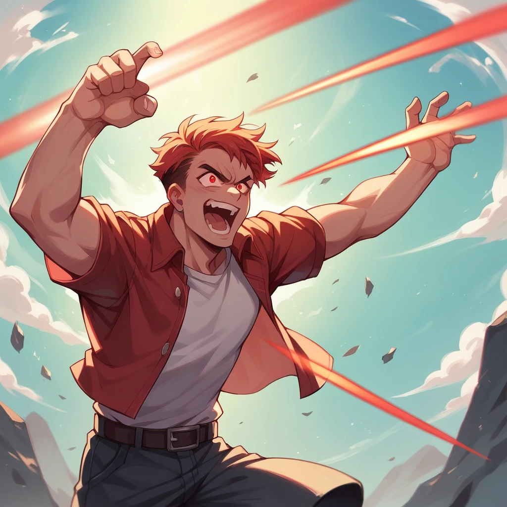 Donald Trump in a triumphant pose, cheering to the sky, ruby laser beams shooting up from his eyes
