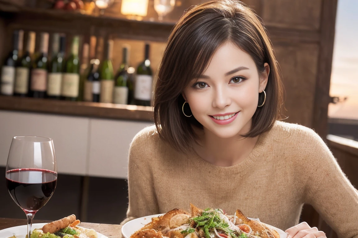 (Realistic:1.1),(masterpiece,Highest quality),8k,(49 years old), 53 years old, ベリーslimボディ、slimカップル、Tight waist,Upper Body,full-course dinner、wine 、Amazing view of the sunset sky and clouds、Perfect Anatomy, Brown Hair, short hair,Random Hairstyles,((Highly detailed face and eyes:1.2)),Perfect golden ratio face,Long sleeve shirt、dress,(smile:1.2)、Shortcuts、cute、(Realistic, Intricate details:1.2), A bright smile、short hair,Bright Face、赤wine 、Appetizers、Italian food、wine bottle、Champagne、スパークリングwine、(slimな顔), (The body is slim), (Brown Hair), (Shortcuts), Upper Body, 白wine, slim, wineグラス,