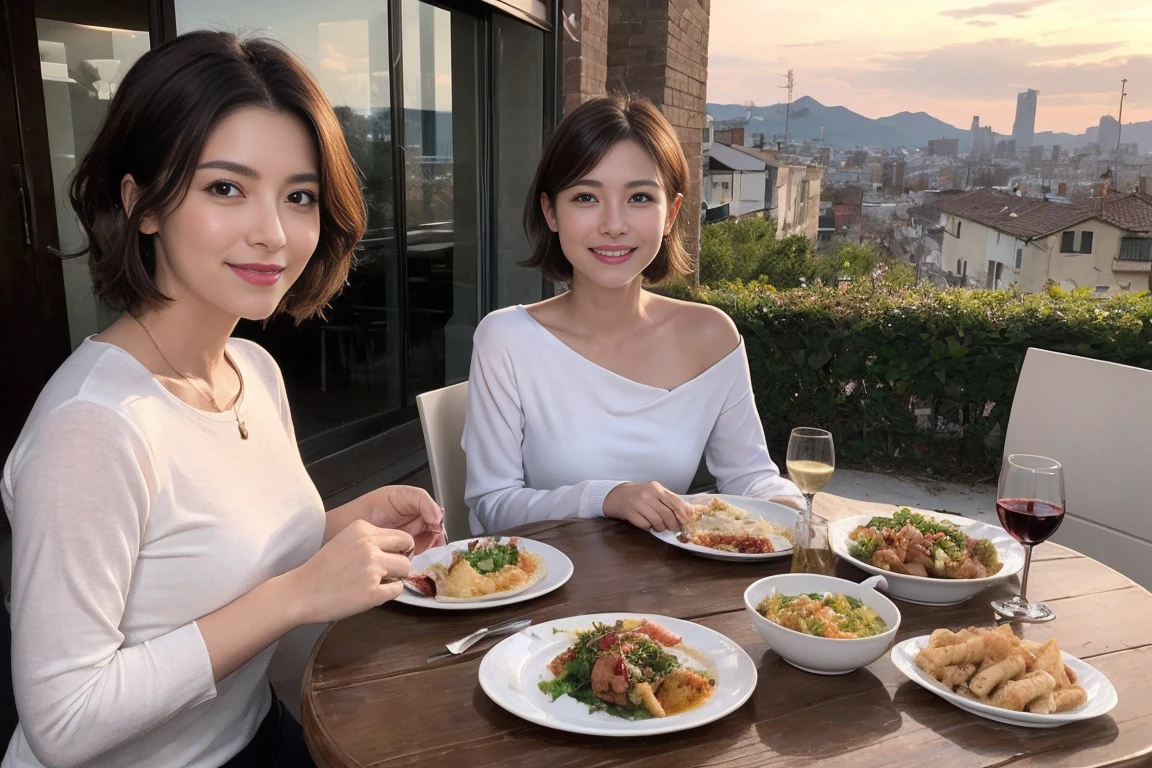 (Realistic:1.1),(masterpiece,Highest quality),8k,(49 years old), 53 years old, ベリーslimボディ、slimカップル、Tight waist,Upper Body,full-course dinner、wine 、Amazing view of the sunset sky and clouds、Perfect Anatomy, Brown Hair, short hair,Random Hairstyles,((Highly detailed face and eyes:1.2)),Perfect golden ratio face,Long sleeve shirt、dress,(smile:1.2)、Shortcuts、cute、(Realistic, Intricate details:1.2), A bright smile、short hair,Bright Face、赤wine 、Appetizers、Italian food、wine bottle、Champagne、スパークリングwine、(slimな顔), (The body is slim), (Brown Hair), (Shortcuts), Upper Body, 白wine, slim, wineグラス,