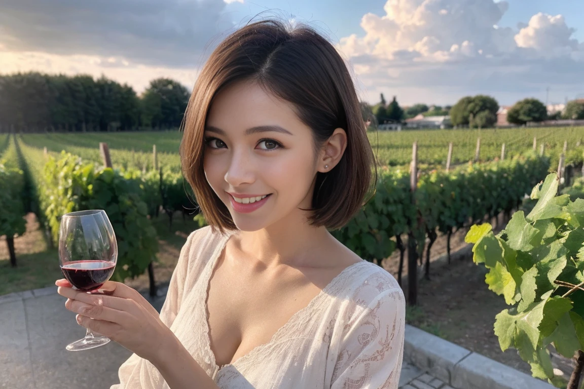 (Realistic:1.1),(masterpiece,Highest quality),8k,(49 years old), 53 years old, ベリーslimボディ、slimカップル、Tight waist,Upper Body,full-course dinner、wine 、Amazing view of the sunset sky and clouds、Perfect Anatomy, Brown Hair, short hair,Random Hairstyles,((Highly detailed face and eyes:1.2)),Perfect golden ratio face,Long sleeve shirt、dress,(smile:1.hortcuts、cute、(Realistic, Intricate details:1.2), A bright smile、short hair,Bright Face、赤wine 、Appetizers、Italian food、wine bottle、Champagne、スパークリングwine、(slimな顔), (The body is slim), (Brown Hair), (Shortcuts), Upper Body, 白wine, slim, wineグラス,