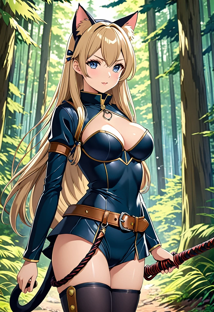 anime style, masterpiece, Best quality, girl 20 years old, cat ears and tail, Normal breast, high, long hair, in expensive, tight-fitting adventurer clothes, whip on the belt, stands in the forest, fantasy