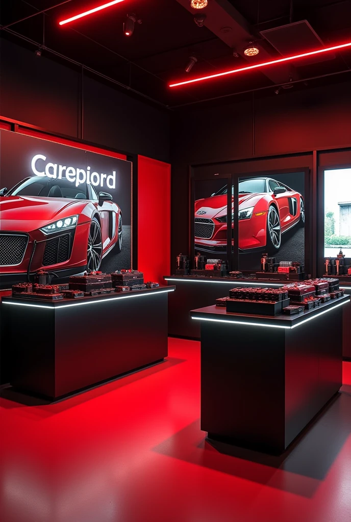 I want to open a business selling car batteries, that it is a modern place, an L-shaped table in a corner, that red and black colors predominate, with posters on the walls I want a view inside the business