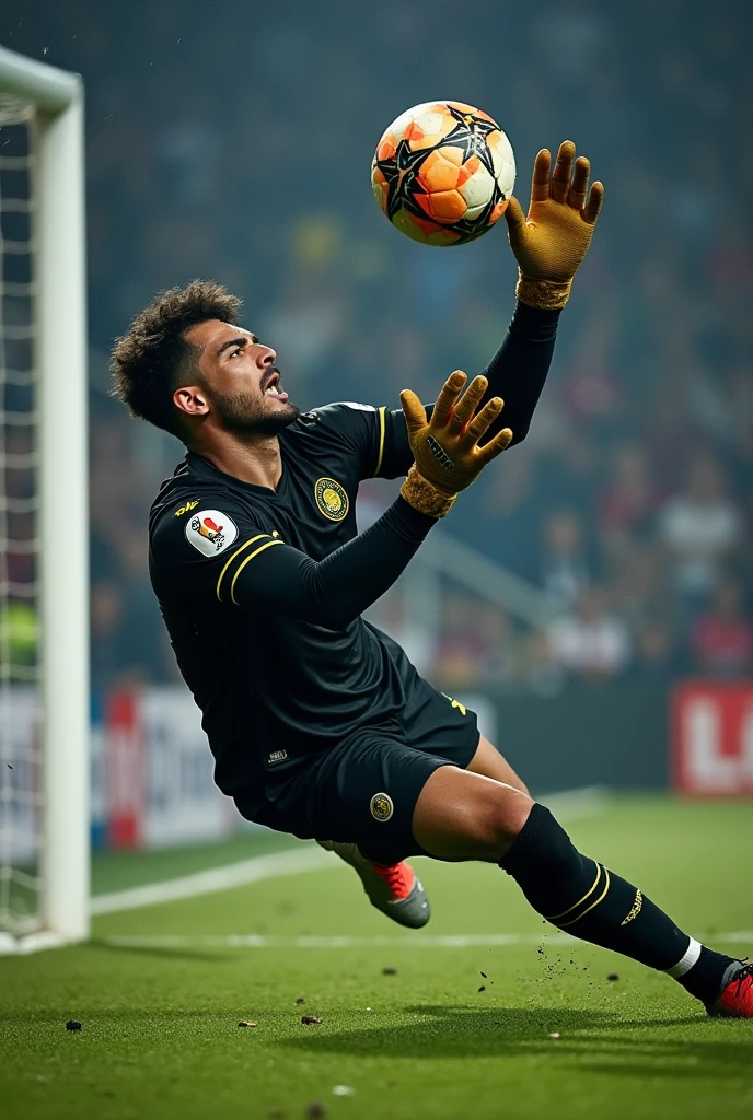 A goalkeeper in black stops a ball with his wrong hand in the upper left corner of a goal