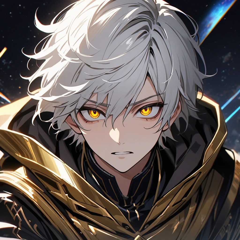 High quality, HD, 4k, no shadows, handsome male, 1male, 17 years old, teenager, short white hair, silver hair, white hair, sharp eyes, deep gold colored eyes, dark golden colored eyes, deep gold eyes, gold eyes, devil may cry, close up, calm expression, stoic expression, black leather clothes, white leather clothing, lean body, well trained body, upper body, looking at viewer, cowboy shot, white solar, space background